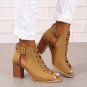 Women&acirc;��s Brown Ankle Boots, Peep Toe, Chunky Heel, Crisscross Straps, Buckle Closure, Summer Pumps