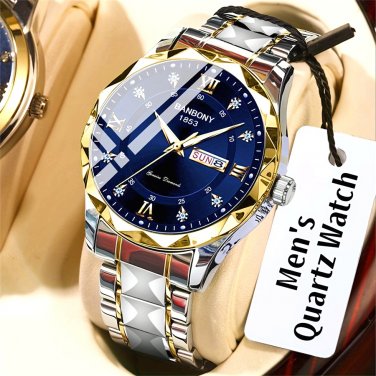 Men&acirc;��s Stainless Steel Quartz Watch &acirc;�� Rhinestone Dial, Roman Numerals, Date, Luminous