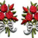 Red roses pair flowers floral bouquet retro boho applique iron-on patch S-417