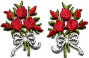 Red roses pair flowers floral bouquet retro boho applique iron-on patch S-417
