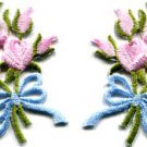 Pink roses pair flowers floral bouquet retro boho applique iron-on patch S-412