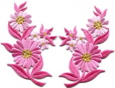 Pink daisies pair flowers floral bouquet boho applique iron-on patch new S-735