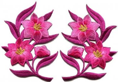 Hot pink lilies pair flowers floral bouquet boho applique iron-on patches S-760