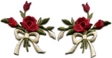 Red roses pair flowers floral bouquet retro boho applique iron-on patch S-544
