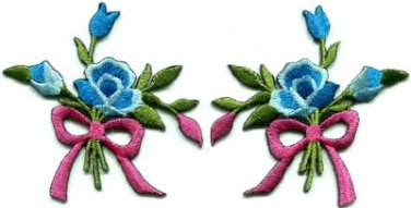 Blue roses pair flowers floral bouquet retro boho applique iron-on patch S-545