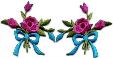 Mauve roses pair flowers floral bouquet boho retro applique iron-on patch S-548