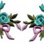 Aquamarine roses pair flowers floral bouquet boho applique iron-on patch S-547