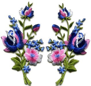 Pink blue roses flowers floral bouquet applique iron-on patches pair S-986 FREE WORLDWIDE DELIVERY!