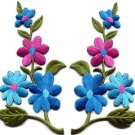 Wild flowers blue pink pair floral bouquet boho applique iron-on patch S-807