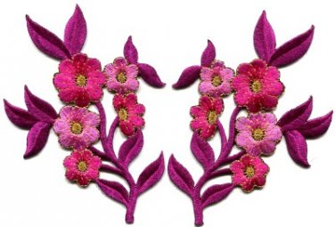 Hot pink flowers pair floral bouquet boho applique iron-on patches pair S-995