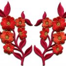 Red orange flowers pair floral bouquet boho applique iron-on patches pair S-992