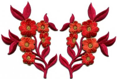 Red orange flowers pair floral bouquet boho applique iron-on patches pair S-992