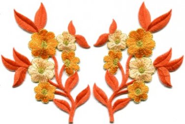 Orange flowers pair floral bouquet boho applique iron-on patches pair new S-996
