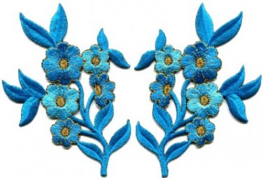 Baby blue flowers pair floral bouquet boho applique iron-on patches pair S-994
