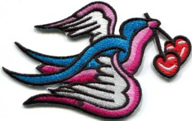 Bird cherries tattoo applique iron-on patch new S-293