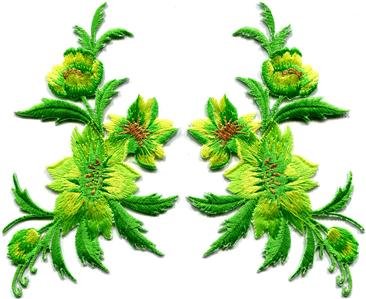 Green yellow flowers pair floral applique iron-on patches new S-829 WORLDWIDE DELIVERY IS FREE!