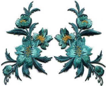 Blue green teal flowers pair floral applique iron-on patches S-804 WE SHIP ANYWHERE FOR FREE!
