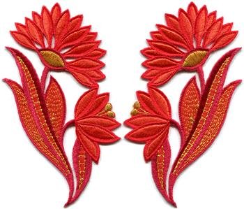 Red orange flowers floral boho granny chic applique iron-on patches pair S-771