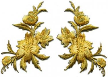 Gold flowers pair floral bouquet boho applique iron-on patches new S-1148 WE SHIP ANYWHERE FOR FREE!