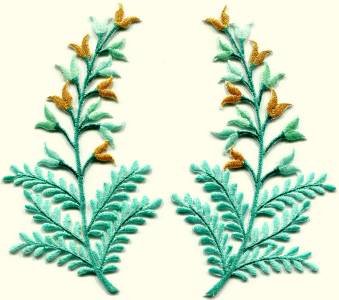 Fern flowers aquamarine gold pair floral applique iron-on patches S-1154 FREE WORLDWIDE DELIVERY!