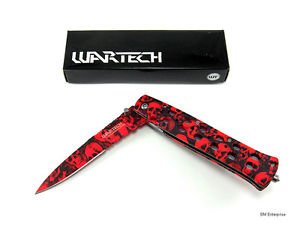 Wartech Skulls Spring Assisted Rescue Knife Orange Black