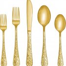 Vintage Carved Stainless Steel 5 Pieces Flatware Silverware Golden Color
