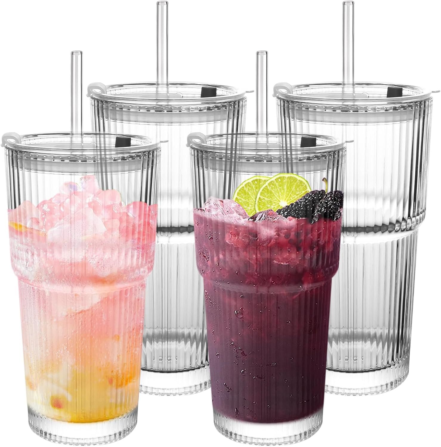 4-Pack 19oz Ribbed Glass Cups with Lids & Straws Thickened for Iced Coffee Cocktails Juices