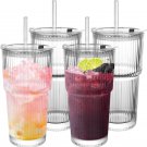 4-Pack 19oz Ribbed Glass Cups with Lids & Straws Thickened for Iced Coffee Cocktails Juices