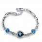Women's Bracelet Earring Necklace 3 Piece Set of Peach Heart Blue Crystal Model Velvet bag