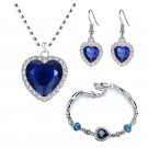 Women's Bracelet Earring Necklace 3 Piece Set of Peach Heart Blue Crystal Model Jewelry set