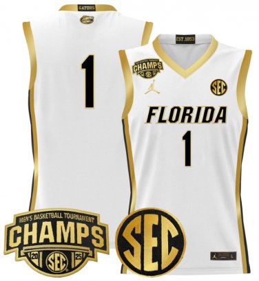 Team  #1 Florida Gators 2025 SEC Champions Stitched White Gold