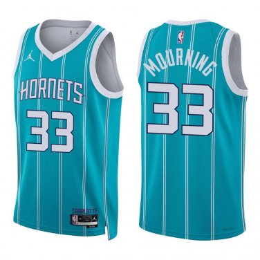 Hornets #33 Alonzo Mourning Teal Stripes Swingman Jersey