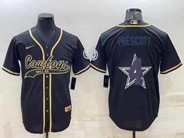 Activewear  Uniform #4 Dak Prescott Jerseys Black Gold Team Big Logo Baseball Shirt