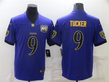 Activewear  Uniform #9 Justin Tucker Jerseys Purple Golden 25th Season Limited Shirt