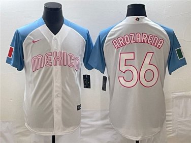 Mexico Uniform 56 Randy Arozarena Jerseys White Blue 2023 World Baseball Classic Shirt