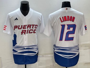 Puerto Rico Uniform 12 Francisco Lindor Jerseys White 2023 World Game Baseball Shirt