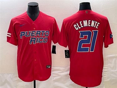Puerto Rico Uniform 21 Roberto Clemente Jerseys Red 2023 World Baseball Classic Shirt