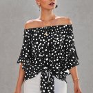 New black polka dot 3&4 bell sleeve off shoulder front tie knot top