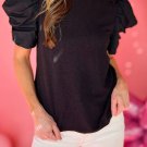 New black ribbed puff short sleeve top_1