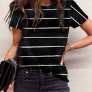 New black round neck striped print t shirt