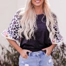 New black ruffle bell sleeve leopard floral patchwork top_1