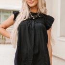 New black ruffle sleeve pleated yoke loose top