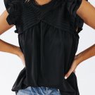 New black ruffle sleeve pleated yoke loose top_1