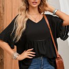 New black ruffled lace detail loose v neck top