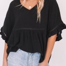 New black ruffled lace detail loose v neck top_1