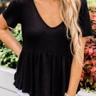 New black short sleeve waffle knit peplum top