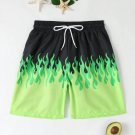 Men's Flame Print Drawstring Waist Beach Shorts Green Black Men's Flame Print Drawstring Waist Beach Shorts Green Black