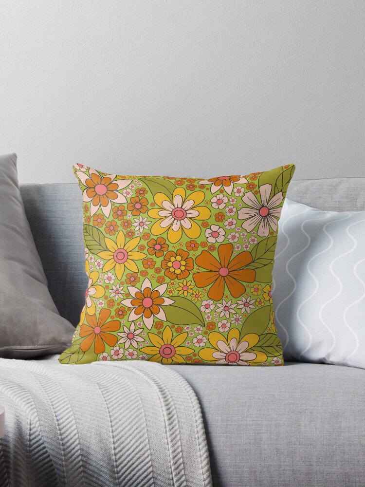 1960s, 1970s Retro Floral In Green, Pink & Orange - Flower Power Pillow
