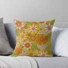 1960s, 1970s Retro Floral In Green, Pink & Orange - Flower Power Pillow