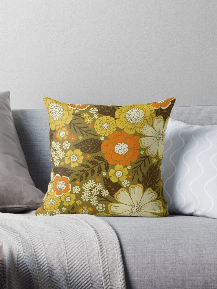 1970s Retro_vintage Floral Pattern Pillow